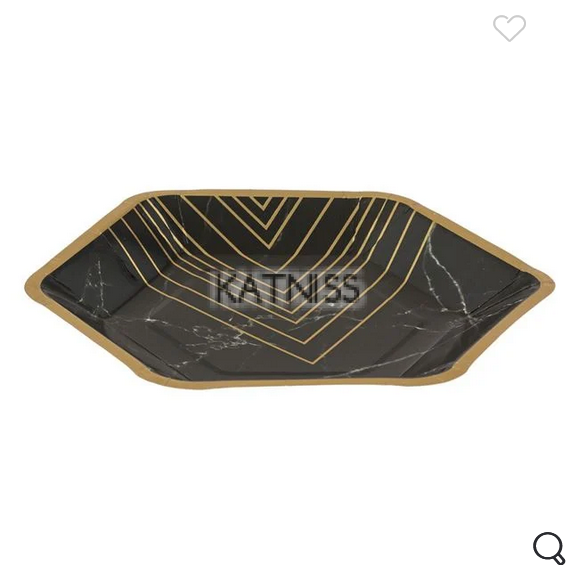 Черни картонени чинийки - мрамор със златен кант