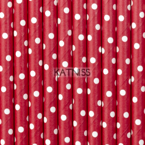 Хартиени сламки - червени на бели точки - 19.5 см - 10 броя / Paper Straws - Red With White Dots - 19.5 cm - 10 pieces