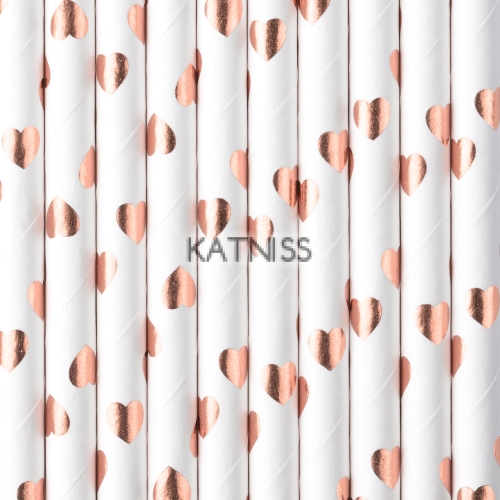 Хартиени сламки - бели със сърца в цвят розово злато - 19.5 см - 10 броя / Paper Straws - White With Rose Gold Hearts - 19.5 cm - 10 pieces