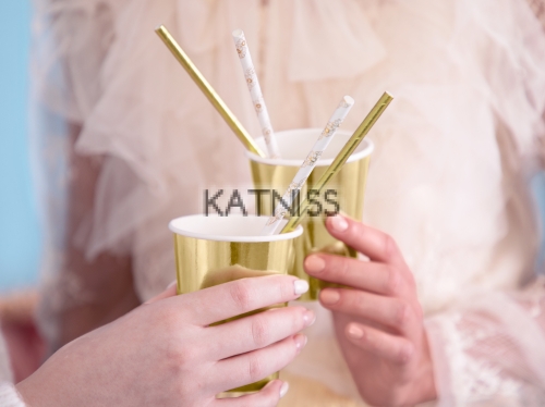 Хартиени сламки - бели със златисти орнаменти - 19.5 см - 10 броя / Paper Straws - White With Gold Ornaments - 19.5 cm - 10 pieces