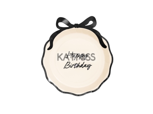 Бели картонени чинии "Happy Birthday" с черна панделка