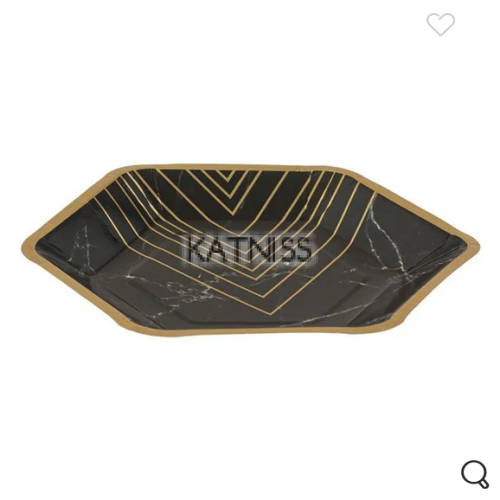 Черни картонени чинийки - мрамор със златен кант