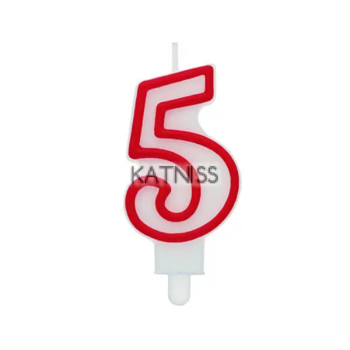 Бяла свещ с червен кант за торта "5"