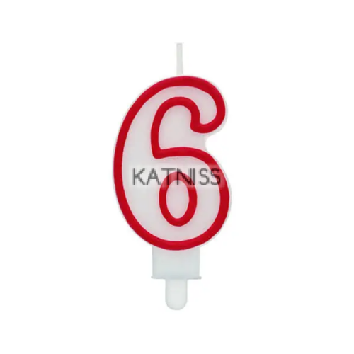 Бяла свещ с червен кант за торта "6"