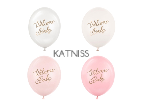  Балони “Welcome Baby” –  4 различни цвята бяло и розово 